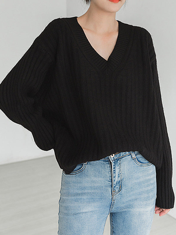 Casual Loose Solid Color V-Neck Sweater Tops