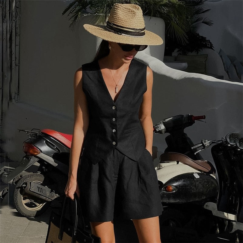 Solid Color Suit Vest Shorts Two-Piece Set