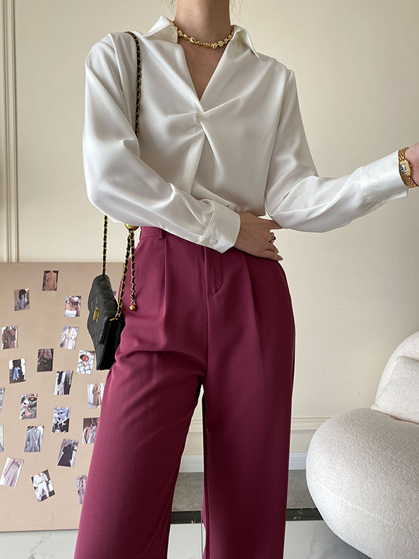 Long Sleeves Knot Pleated Solid Color Split-Joint Lapel Blouses&Shirts Tops