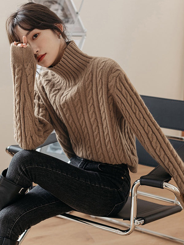 Casual Long Sleeves Loose Solid Color High-Neck Sweater Tops