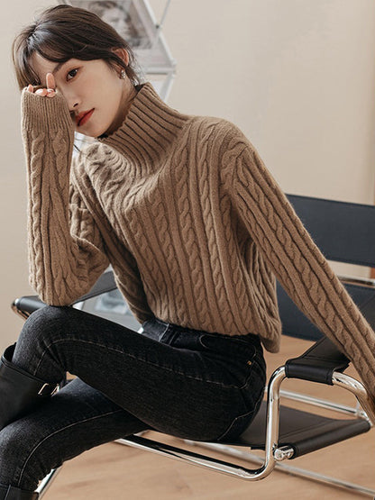 Casual Long Sleeves Loose Solid Color High-Neck Sweater Tops