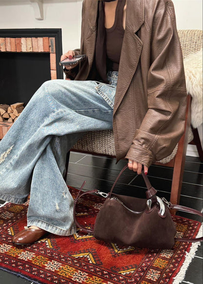 Suede Shoulder and Crossbody Bag With Leather Straps