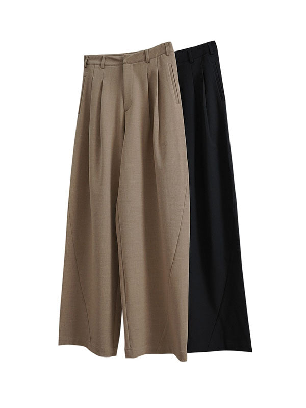High Waisted Loose Pleated Solid Color Split-Joint Casual Pants Bottoms Trousers