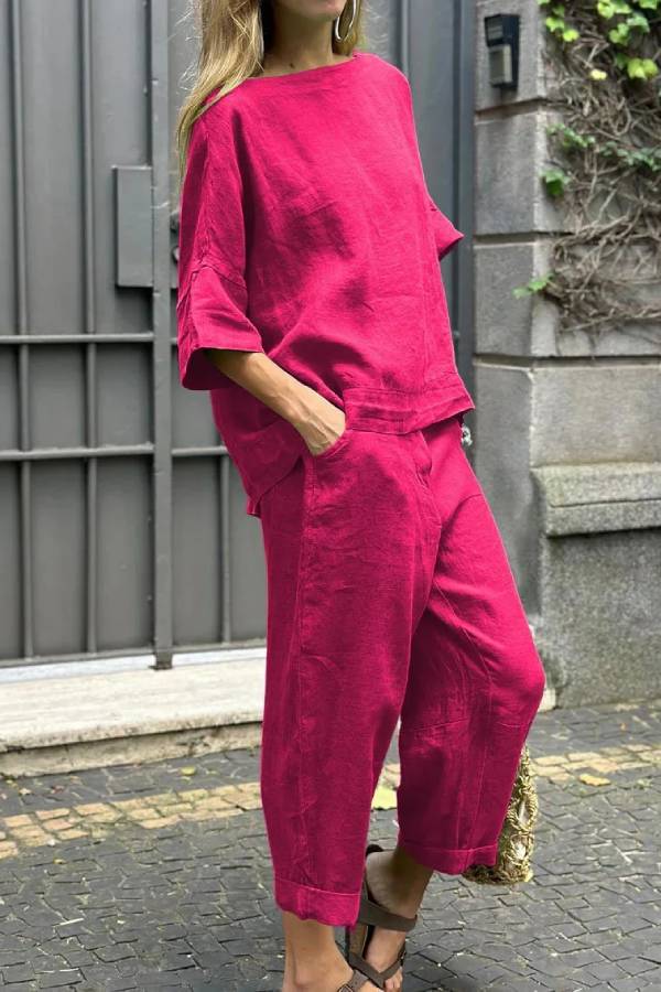 Casual Solid Color Crewneck Top \u0026 Pants Cotton Linen Two-piece Set