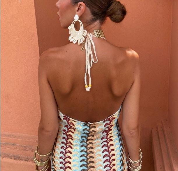 Backless Striped Halter Maxi Knit Dress