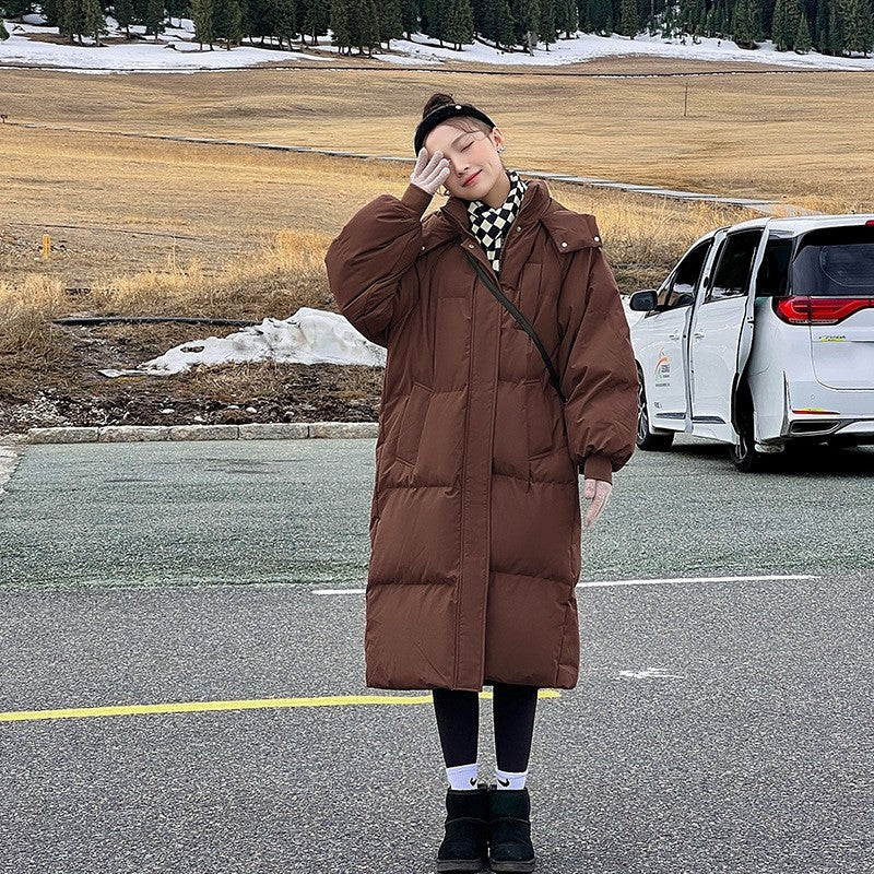 Solid Color Hooded Thickened Down Cotton Long Loose Coat