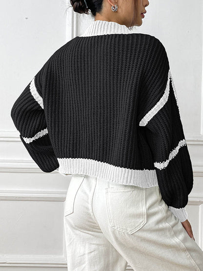 Long Sleeves Loose Contrast Color Cardigan Sweater Tops
