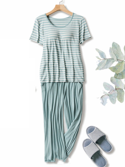 Striped Short Sleeve&Cropped Pants Pajamas Sets