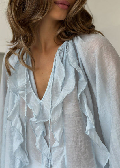 Sheer Polyester Chiffon Tie Blouse With Ruffles