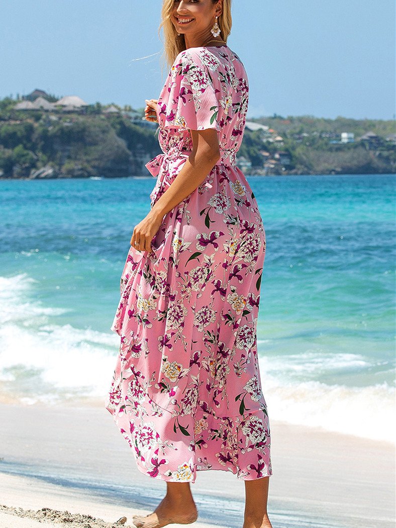New Summer V-Neck Ruffle Lace Up Bohemian Dress