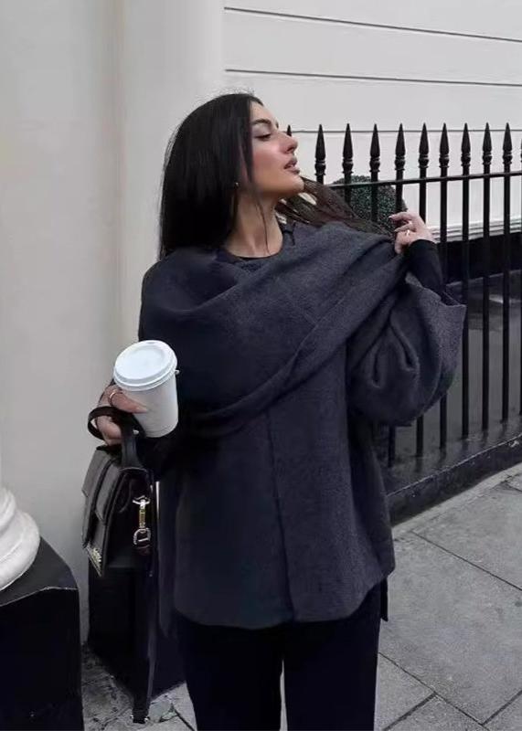 Knit Cardigan Coat With Asymmetric Scarf Design