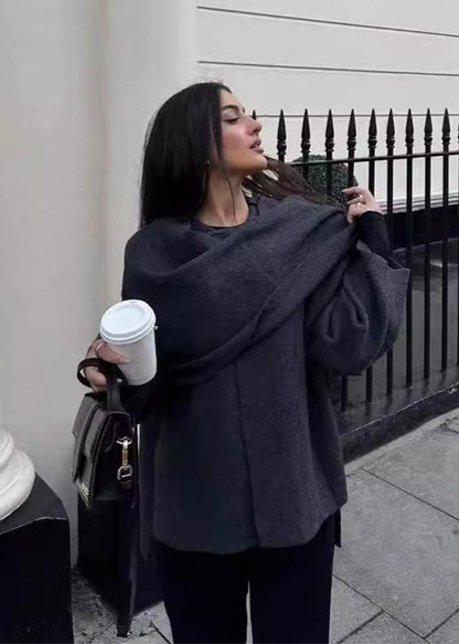 Knit Cardigan Coat With Asymmetric Scarf Design