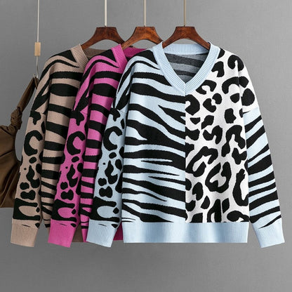 Zebra And Leopard Print Patchwork Sweater