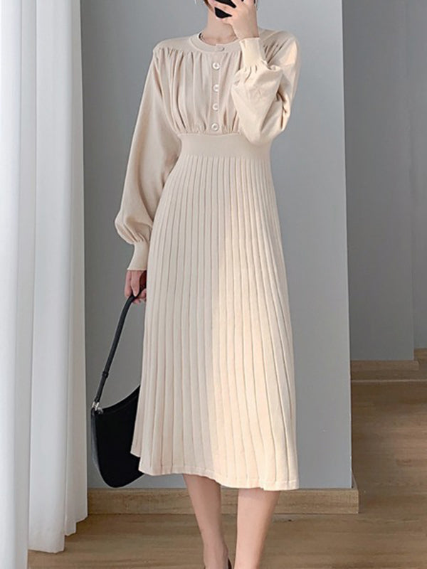Solid Color Pleated A-Line High Waisted Round-Neck Sweater Dresses