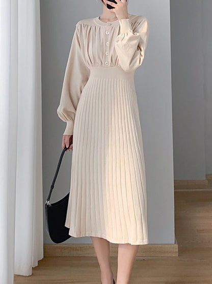 Solid Color Pleated A-Line High Waisted Round-Neck Sweater Dresses