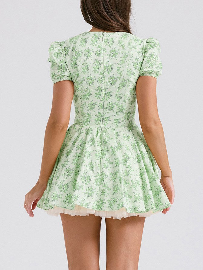 Puffy Sleeves V-Neck A Line Mini Dress