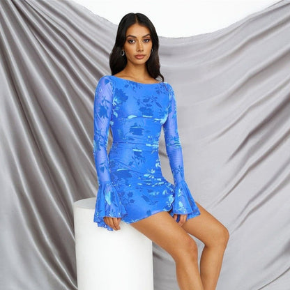 Printed Mesh Bell Sleeve Dress
