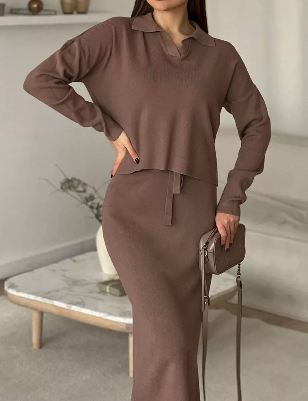 Knit Fall Polo Collar Sweater Bodycon Skirt Set