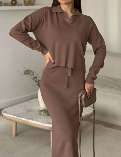 Knit Fall Polo Collar Sweater Bodycon Skirt Set