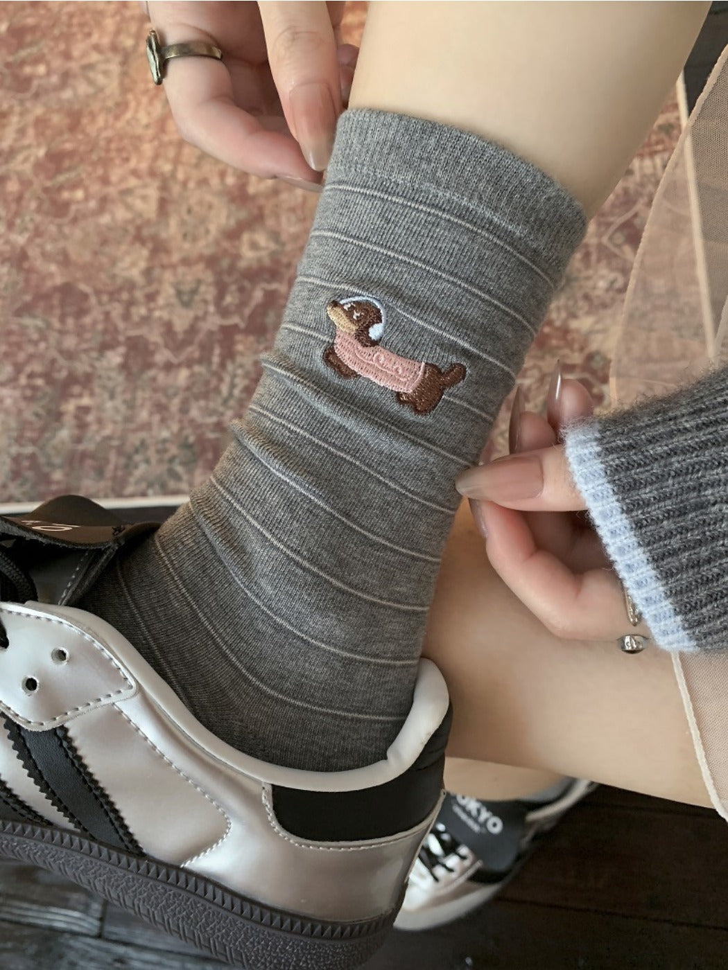Rufia - Cute Dog Embroidered Mid-calf Socks