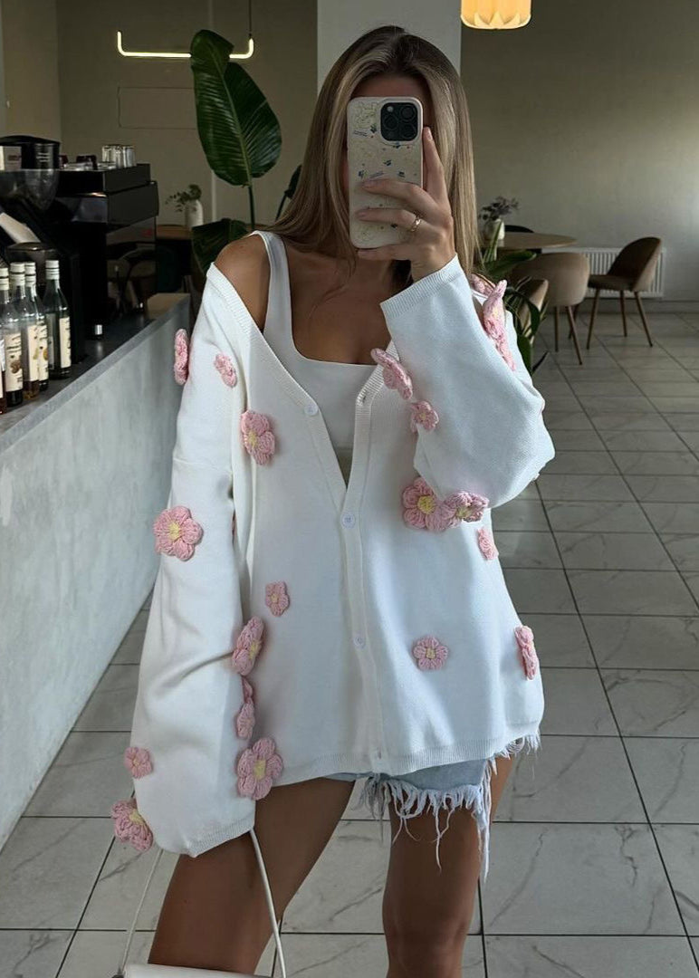 3D Floral Knit Cardigan With V Neck