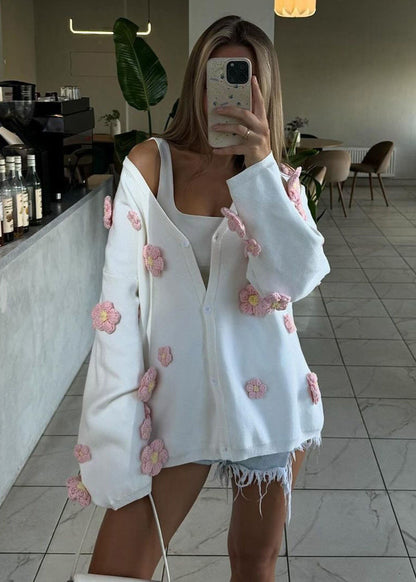3D Floral Knit Cardigan With V Neck