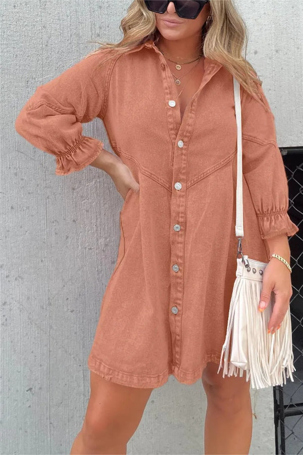 New Washed Denim Puff Sleeve Dress