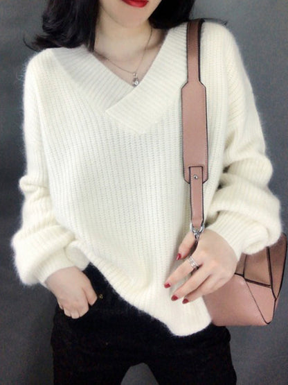 Loose Long Sleeves Solid Color V-Neck Sweater Tops