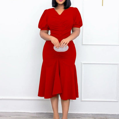 Polyester Bodycon V-Neck Solid Color Dress Short Sleeve