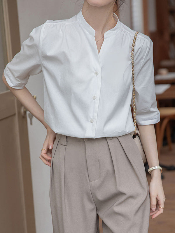 Half Sleeves Loose Buttoned Pleated Solid Color Split-Joint Stand Collar Blouses&Shirts Tops