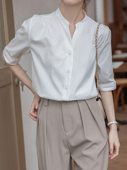 Half Sleeves Loose Buttoned Pleated Solid Color Split-Joint Stand Collar Blouses&Shirts Tops