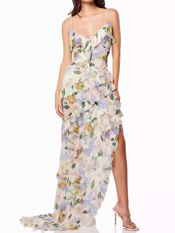 Flower Printed Ruffled Sleeveless Spaghetti-Neck Wrap Evening Maxi Dresses