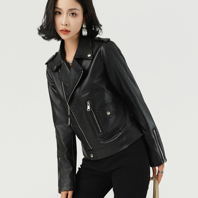 Short Biker Leather Jacket Lapel Collar