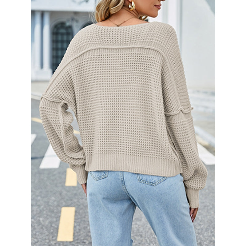 Batwing Sleeves Loose Fringed Solid Color Split-Joint V-Neck Sweater