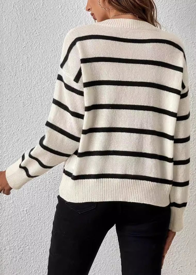 Striped V Neck Sweater Soft Cozy Fabric