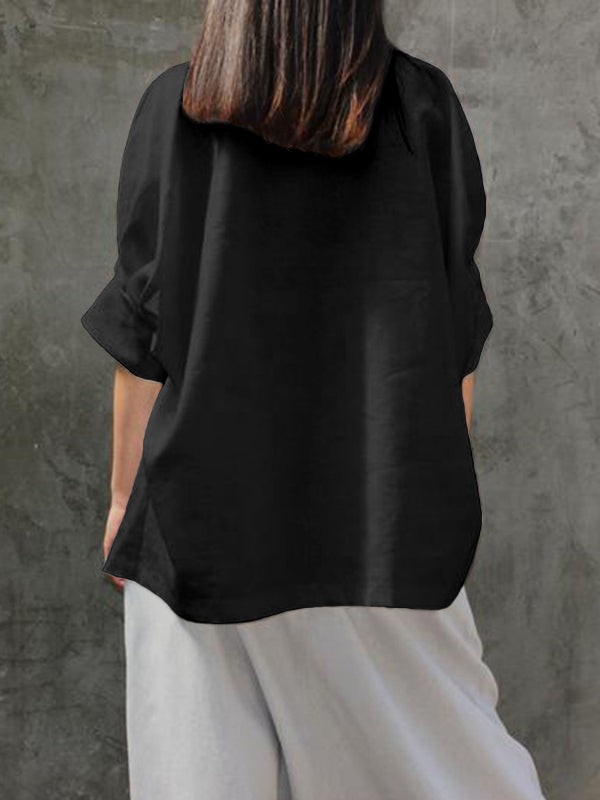 Simple Casual Loose Solid Color High-Neck Half Sleeves T-Shirt Top