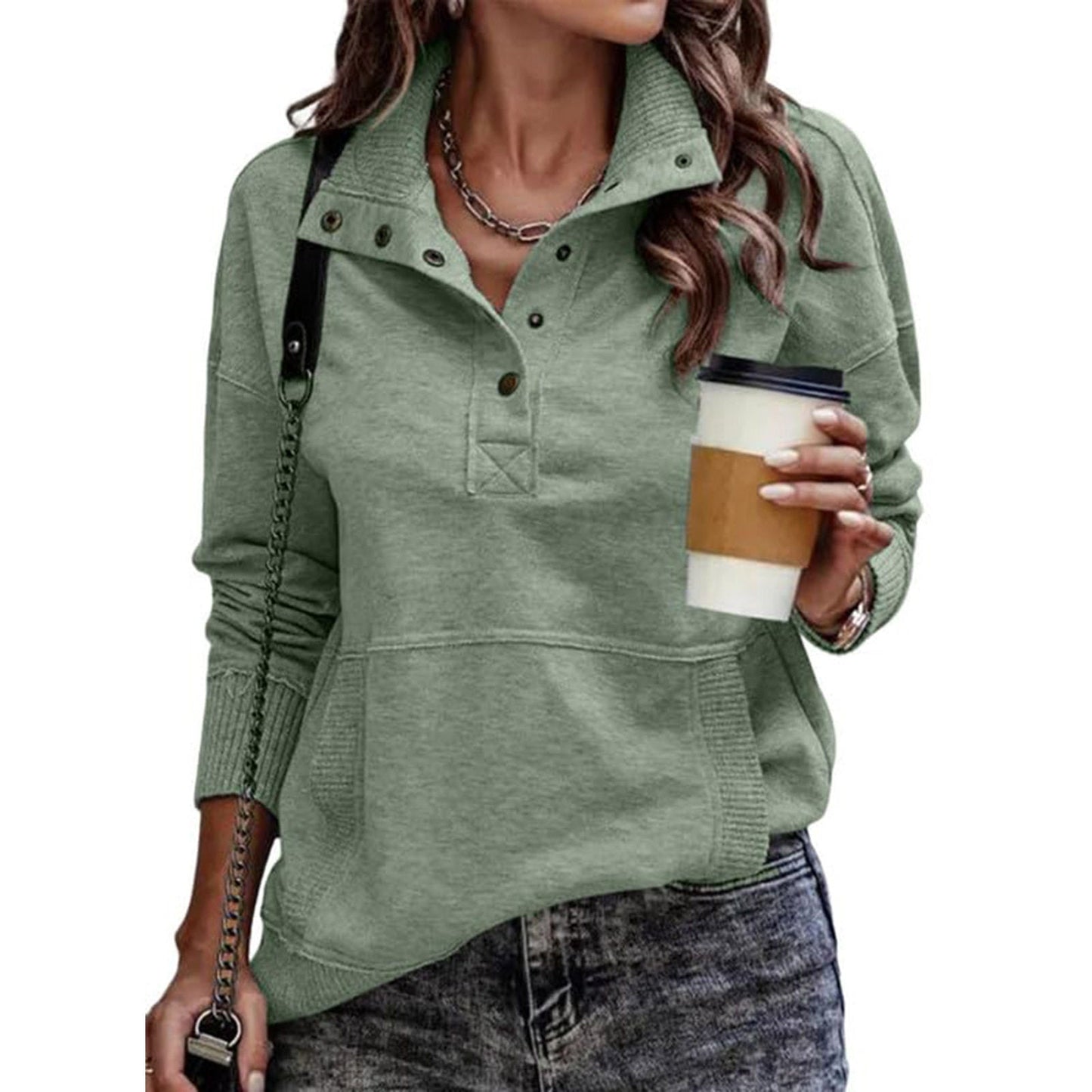 Solid Color Pocket Long Sleeve Button Up Hoodie