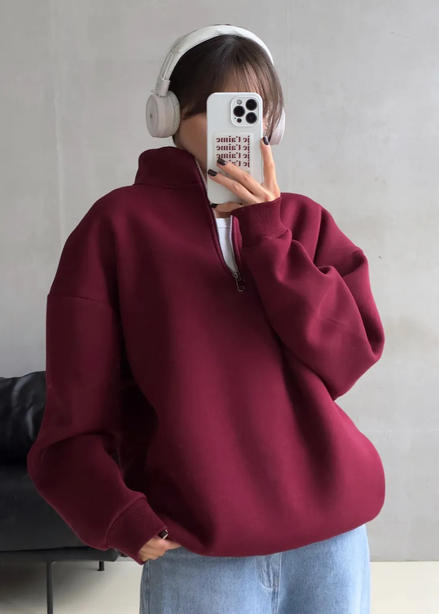 Oversized Cotton Blend Sweatshirt With High Collar