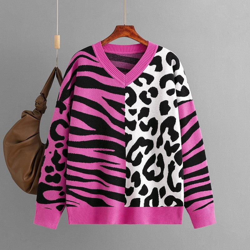 Zebra And Leopard Print Patchwork Sweater