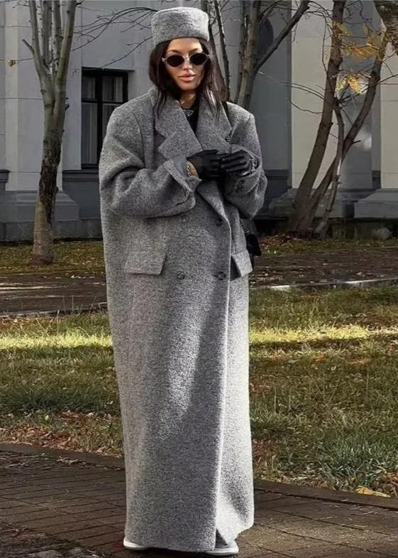 Long Wool Coat Buttoned Gray Tailored Fit
