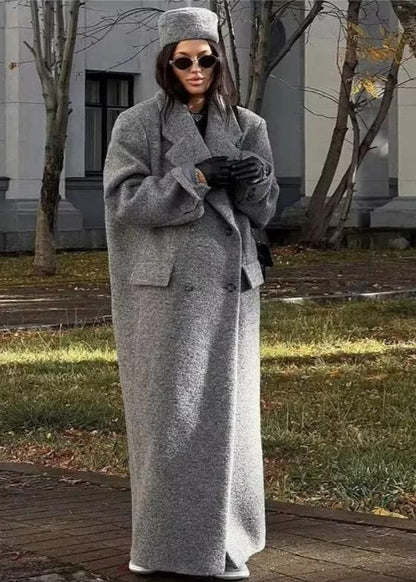 Long Wool Coat Buttoned Gray Tailored Fit