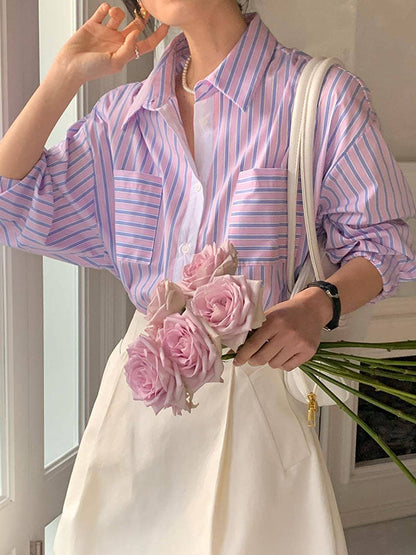 Long Sleeves Loose Buttoned Contrast Color Pockets Striped Lapel Blouses&Shirts Tops