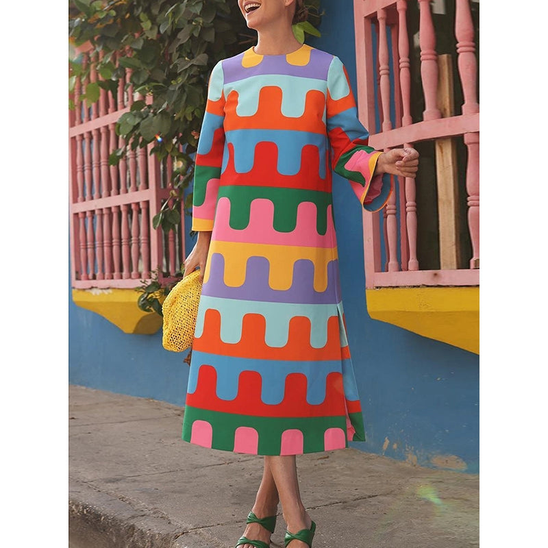 Long Sleeves Loose Printed Split-Side Round-Neck Maxi Dresses Midi Dresses
