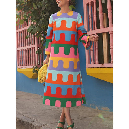 Long Sleeves Loose Printed Split-Side Round-Neck Maxi Dresses Midi Dresses