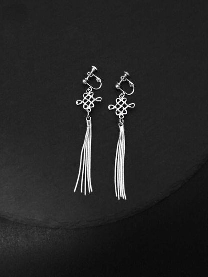 S925 Silver Art Retro Knot Tassel Earrings Elegant Bride Ethnic Style Ear Clip