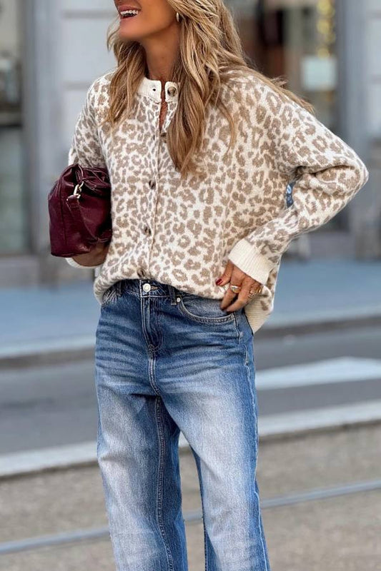 Soft Brown Leopard Print Loose Knit Cardigan