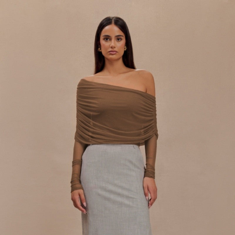 Mesh Insert See Through Pleated Off Shoulder T Shirt