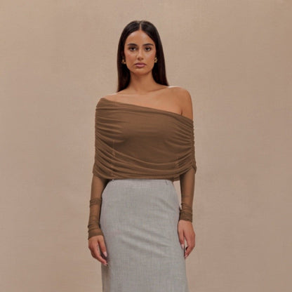 Mesh Insert See Through Pleated Off Shoulder T Shirt