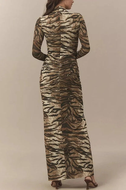 Winston Animal Print High-neck Long Sleeve Ruched Hip Stretch Maxi Dress