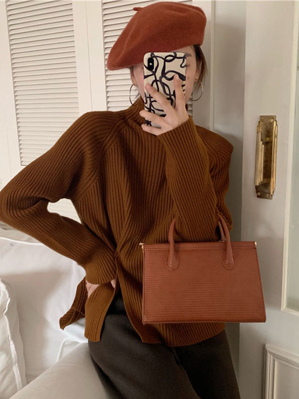 Urban Long Sleeves Split-Side Solid Color High-Neck Sweater Tops Pullovers